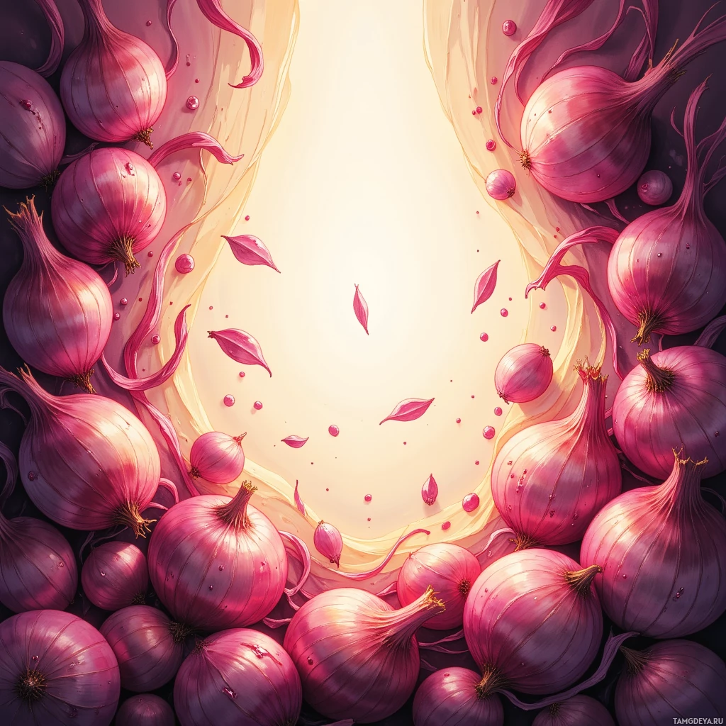 A vibrant illustration of pink onions with a glowing light background.