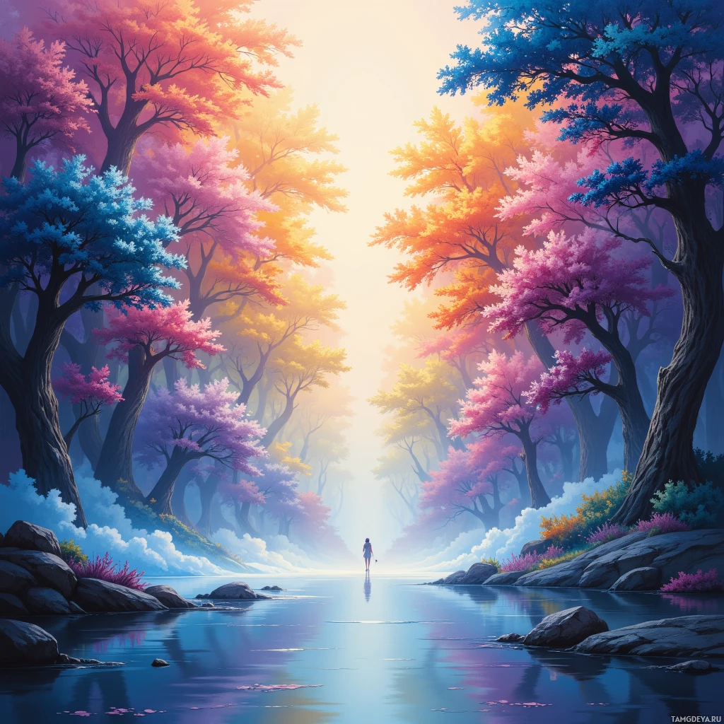 A serene landscape with colorful trees lining a tranquil river, leading towards a bright light.