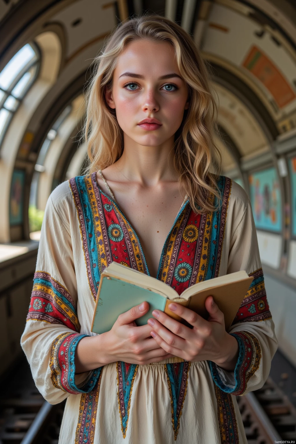 A woman in a patterned dress holds an open book.