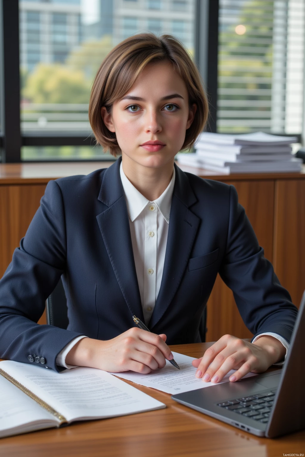 A woman in a professional suit sits at a desk with a laptop and documents, appearing focused.