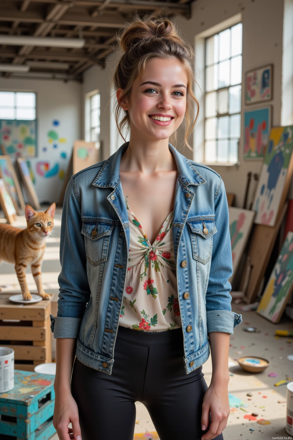 A woman stands in an art studio, wearing a denim jacket and a floral top, with a cat in the background.