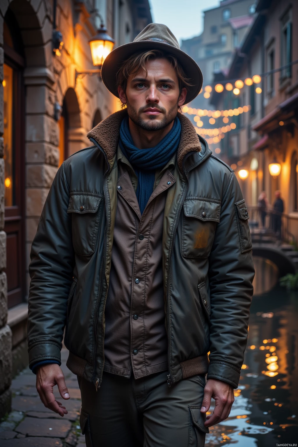 A man in a brown jacket and hat stands on a cobblestone street with warm lights in the background.