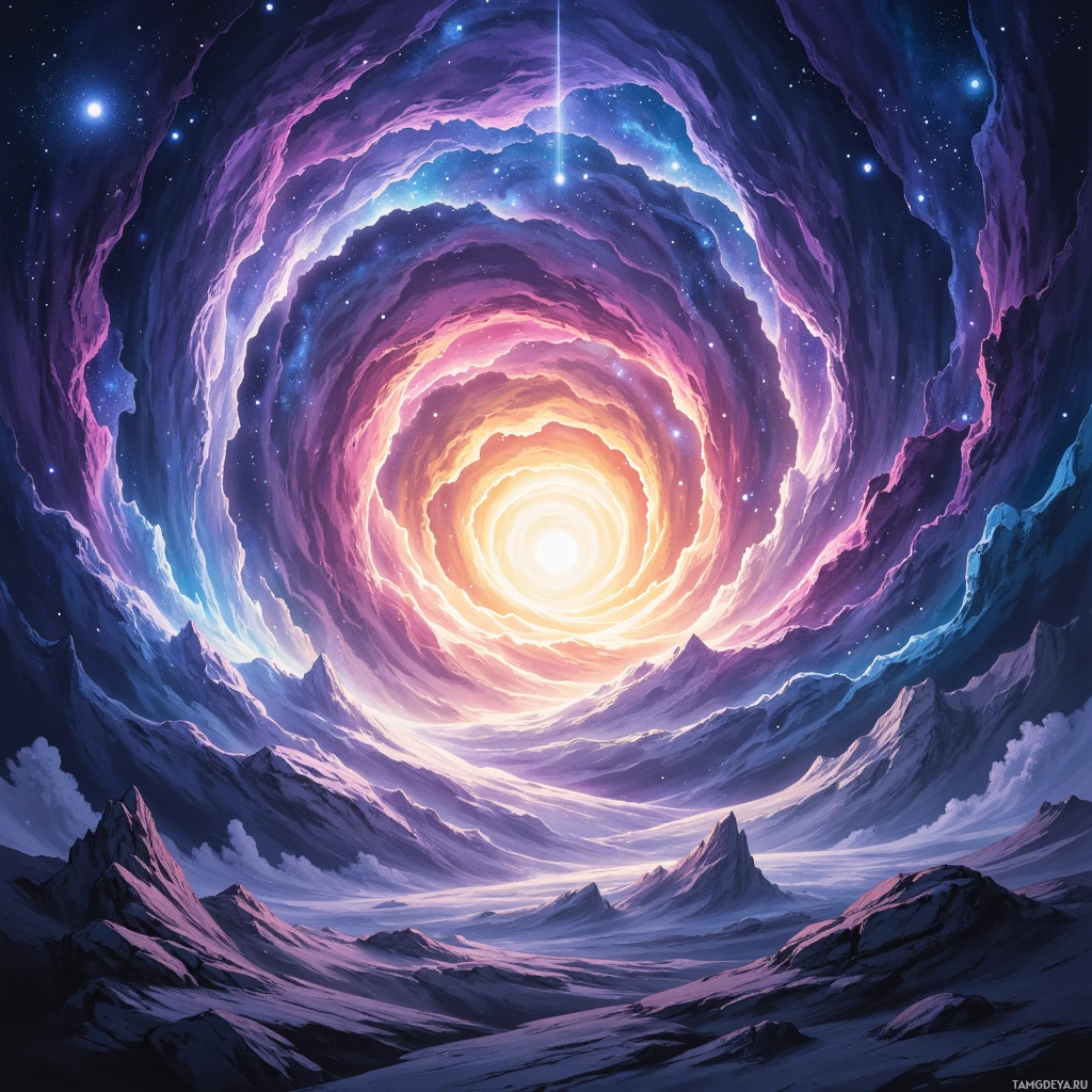 A cosmic landscape featuring a swirling galaxy with vibrant colors and a bright central light.