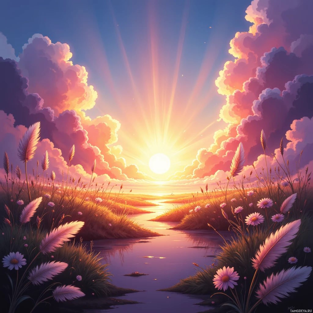 A serene sunset scene with a river, flowers, and dramatic clouds.