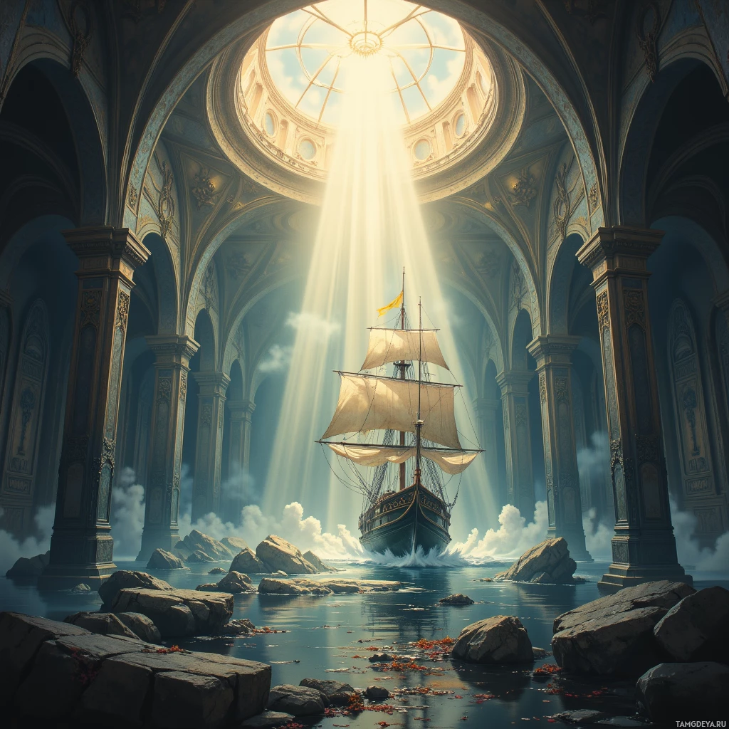 A grand ship sails through a sunlit, ancient temple with columns and a dome.
