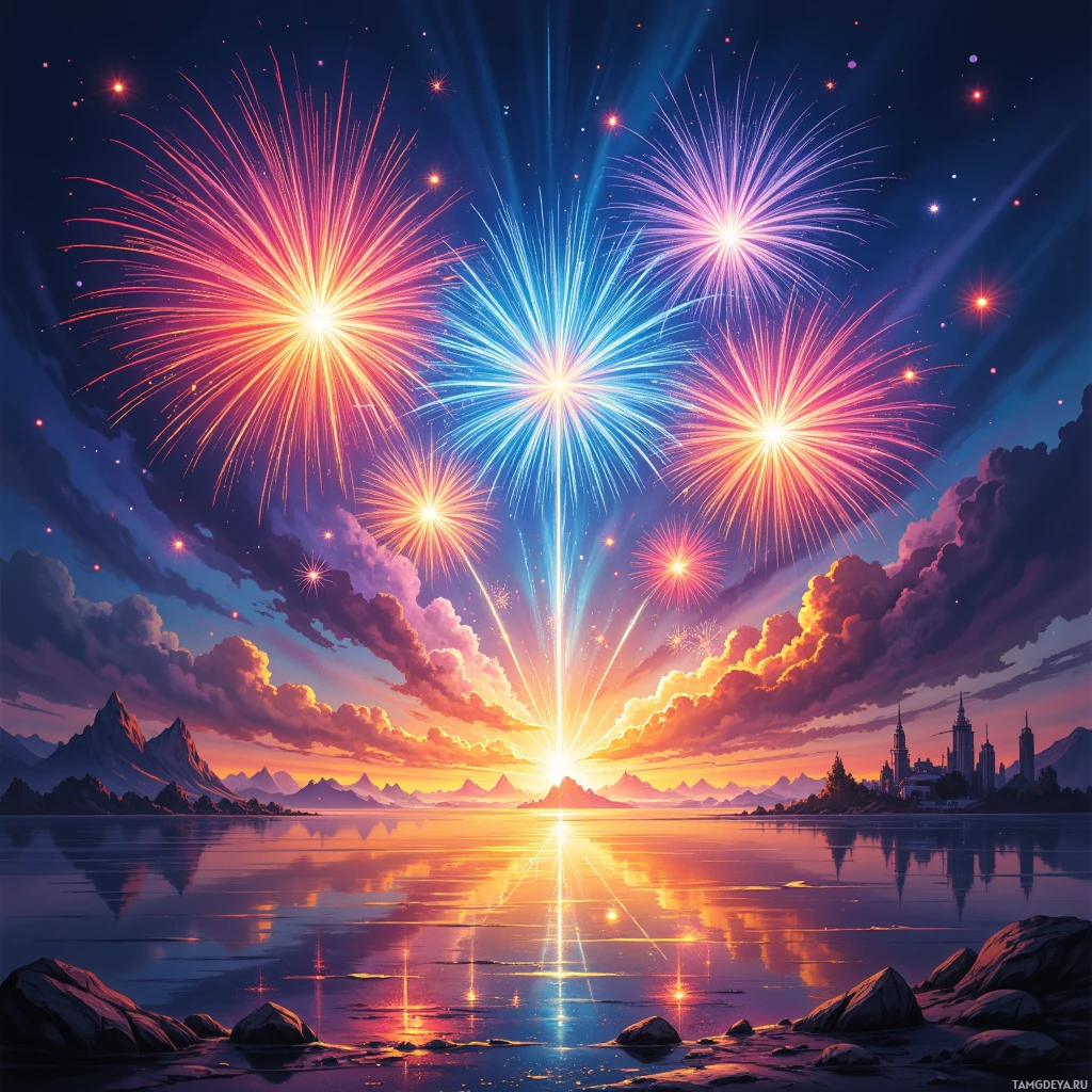 A vibrant fireworks display illuminates a serene landscape with mountains, a city skyline, and a calm body of water reflecting the sky.