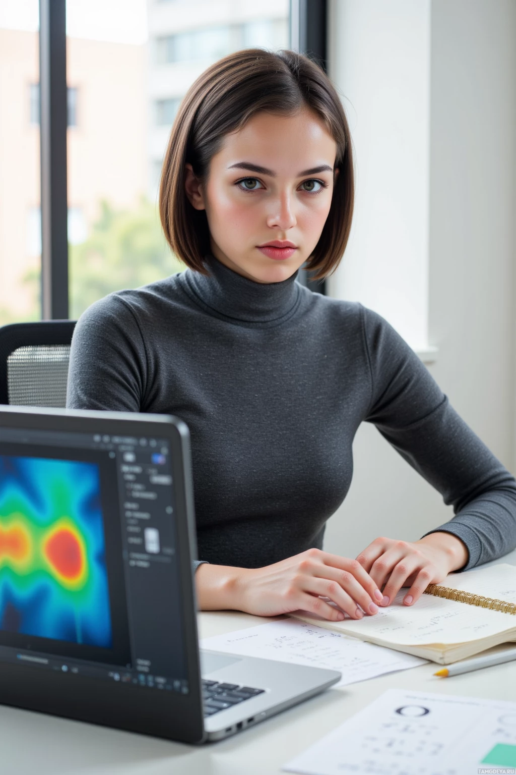 A woman sits at a desk with a laptop, notebook, and papers, appearing focused.