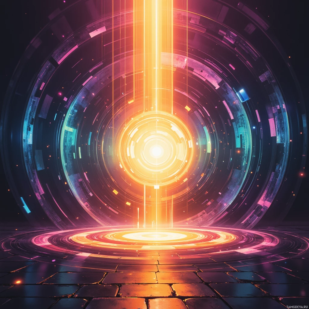 A futuristic, glowing portal with concentric circular patterns and vibrant colors.