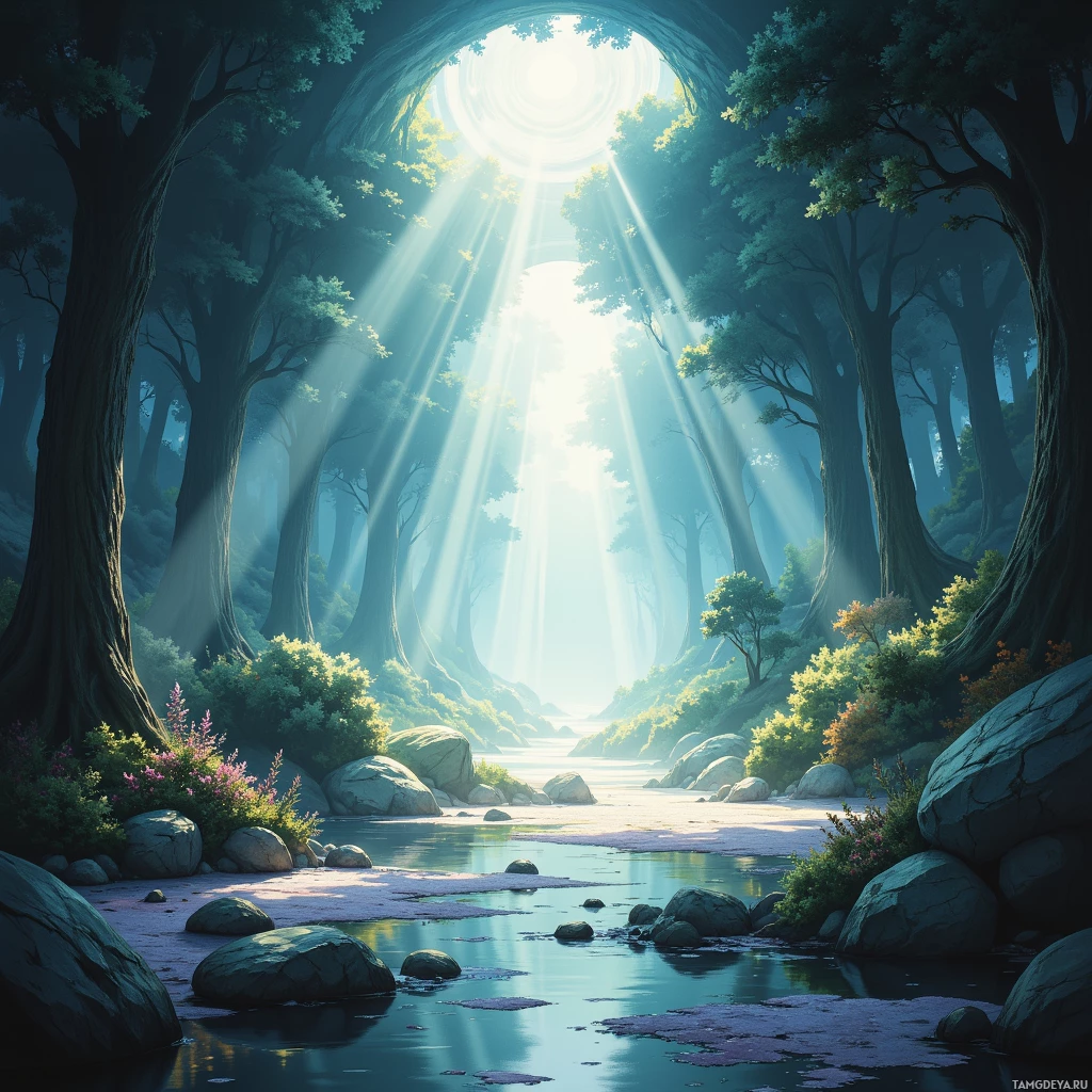 A serene forest scene with sunlight streaming through the trees, illuminating a calm river.