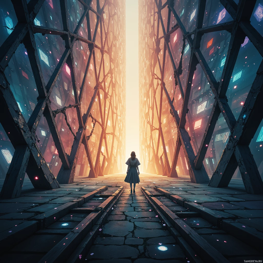 A person stands at the entrance of a futuristic, geometric structure with glowing lights and a bright light source at the end.