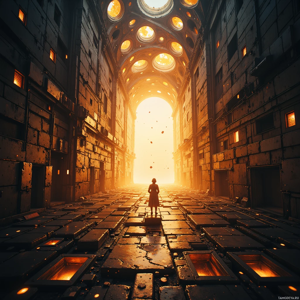 A solitary figure stands at the entrance of a grand, ancient structure bathed in golden light.