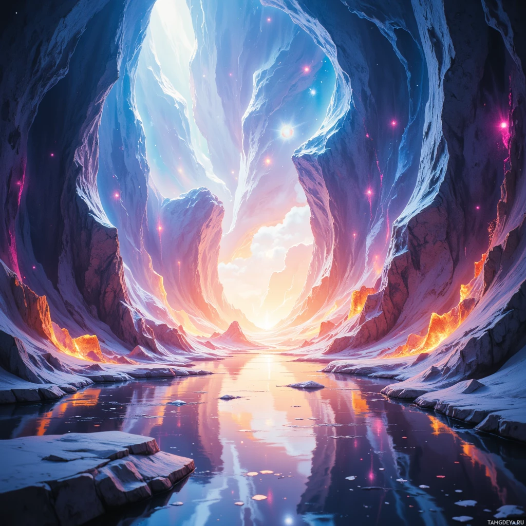 A fantastical cave with glowing lights and a reflective pool at the bottom.