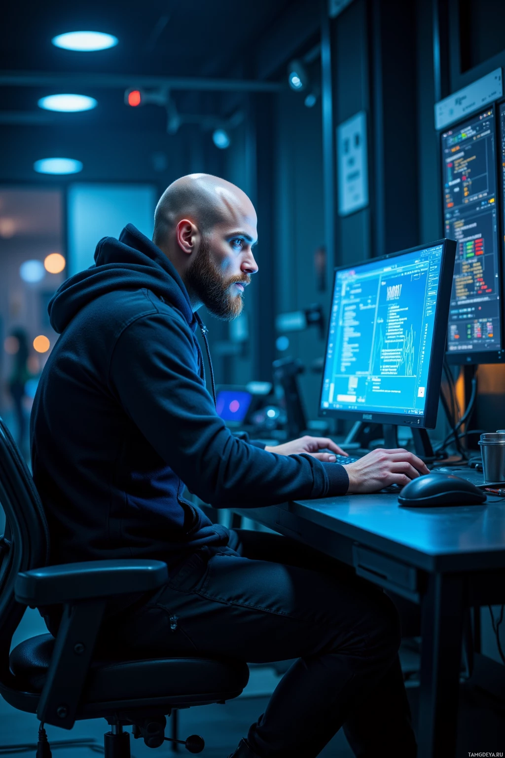 A man in a dark hoodie works intently at a computer in a dimly lit room.