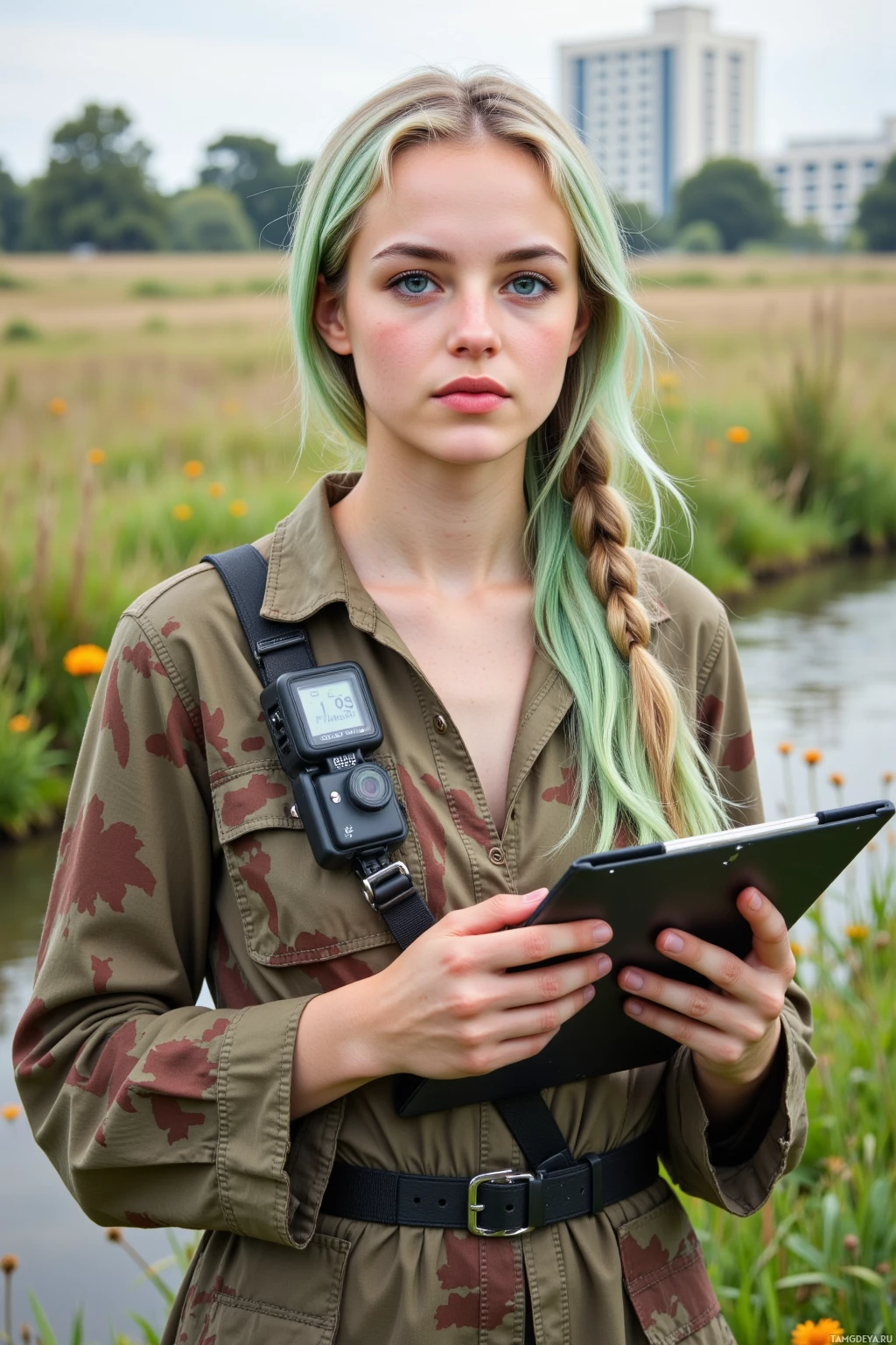 A person in a camouflage uniform holds a tablet and a camera, standing outdoors near a body of water.