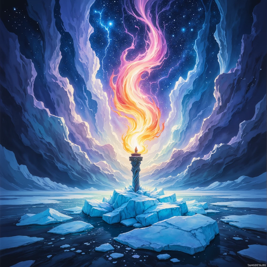 A vibrant, fantastical scene featuring a glowing torch atop an icy island, surrounded by a starry sky and swirling clouds.