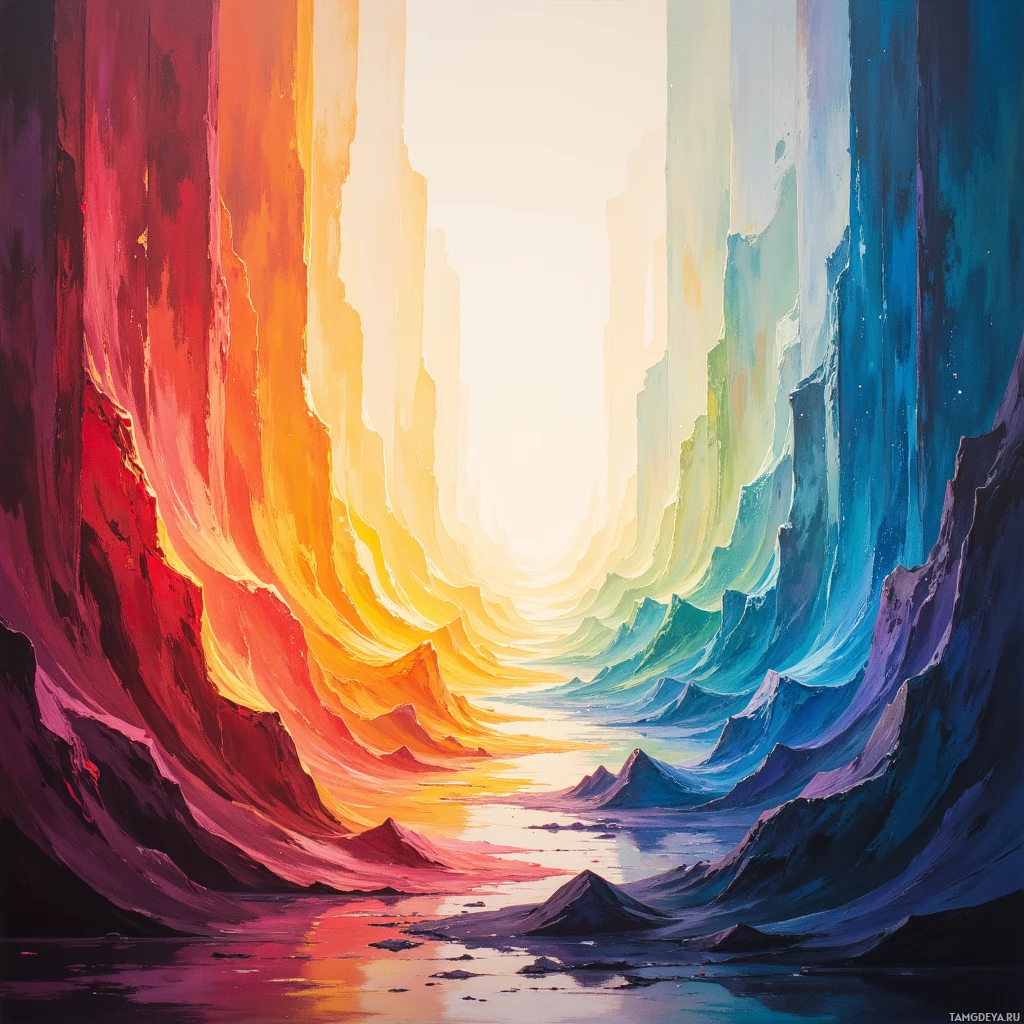 A vibrant, abstract painting featuring a colorful, wavy landscape with a bright light source at the horizon.