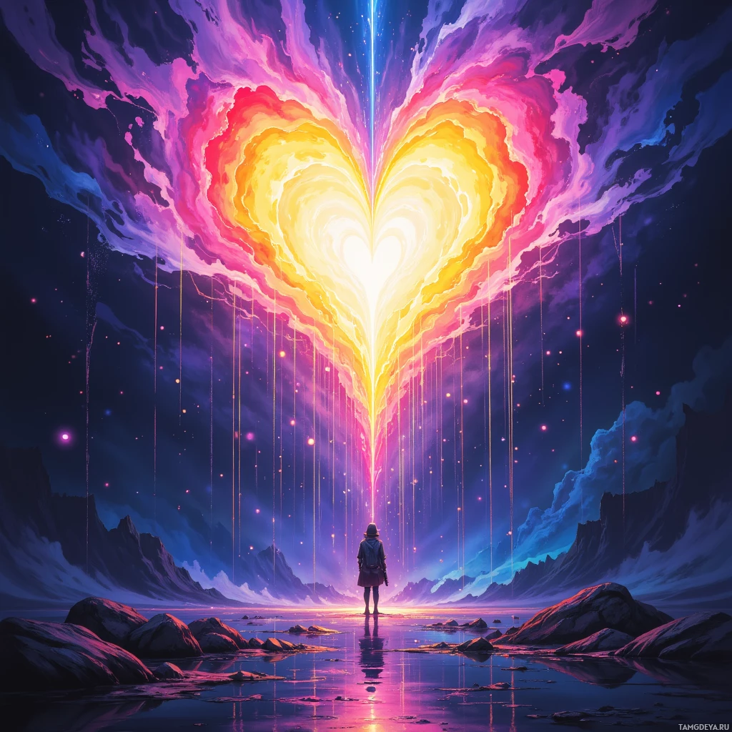 A person stands before a glowing heart-shaped portal in a fantastical landscape.
