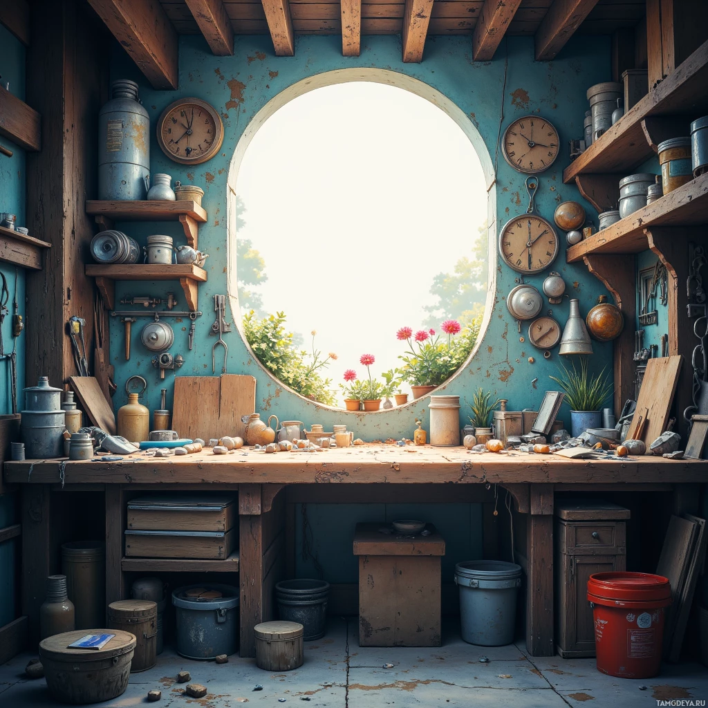 A rustic workshop with a round window, shelves, and various tools and containers.