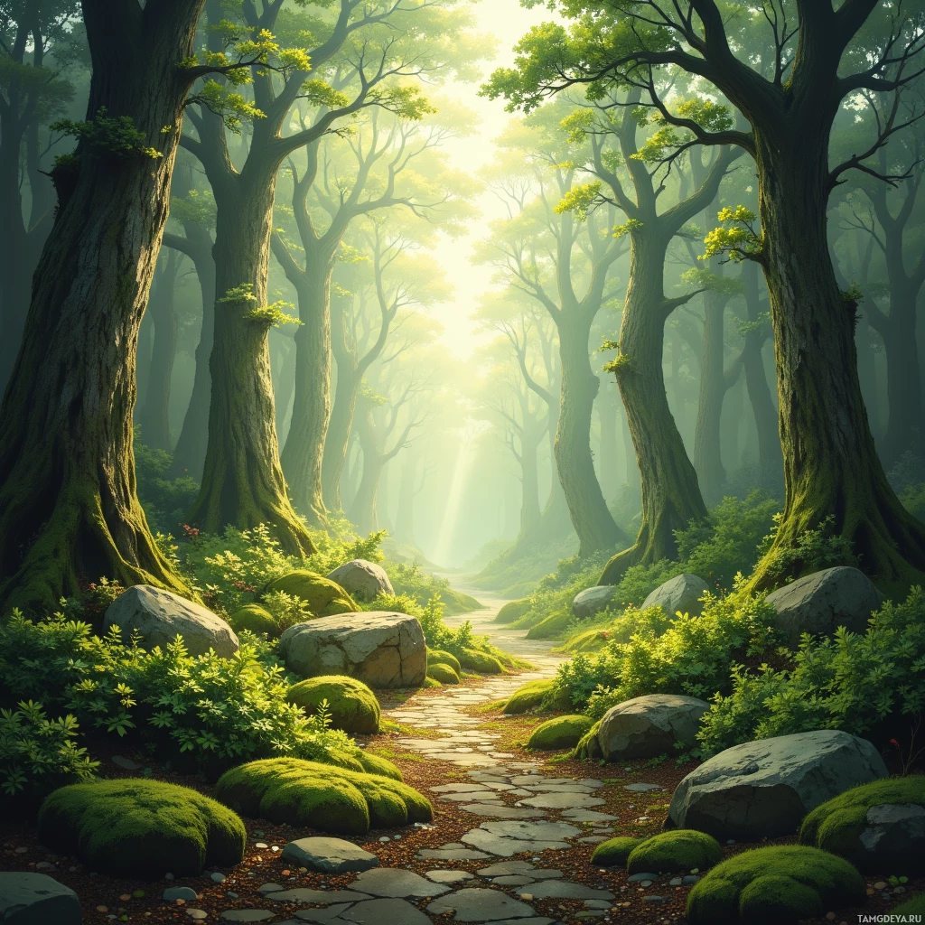 A serene forest scene with a stone path leading through tall trees and lush greenery.