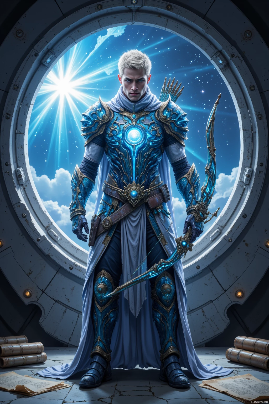 A warrior in ornate blue armor stands in front of a circular window with a bright, starry sky.