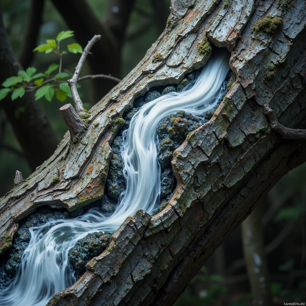 A tree trunk with a flowing white liquid resembling a stream or river.