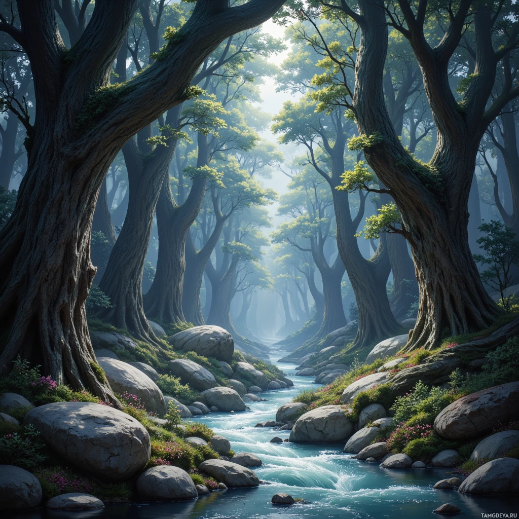 A serene forest scene with a flowing river, tall trees, and soft sunlight filtering through the foliage.