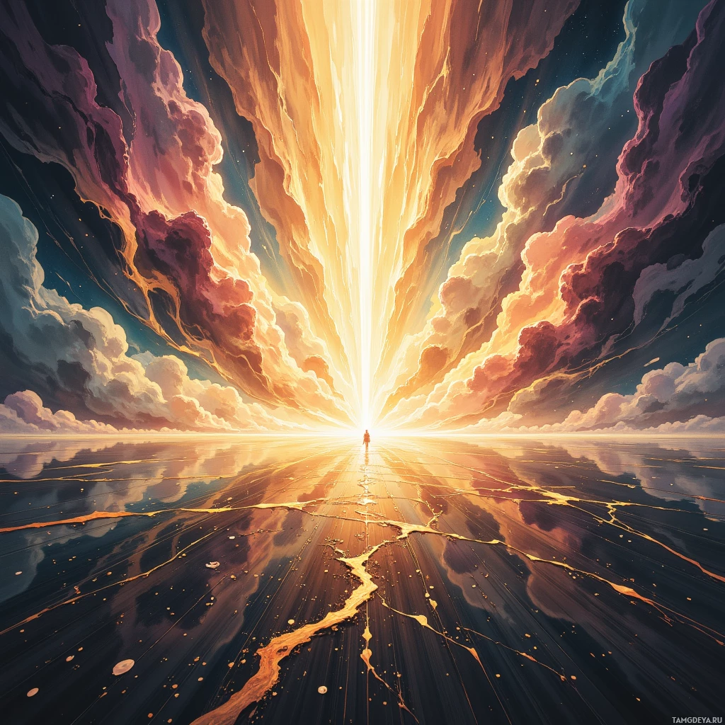 A vibrant, surreal landscape featuring a radiant light source, dramatic clouds, and a reflective surface.