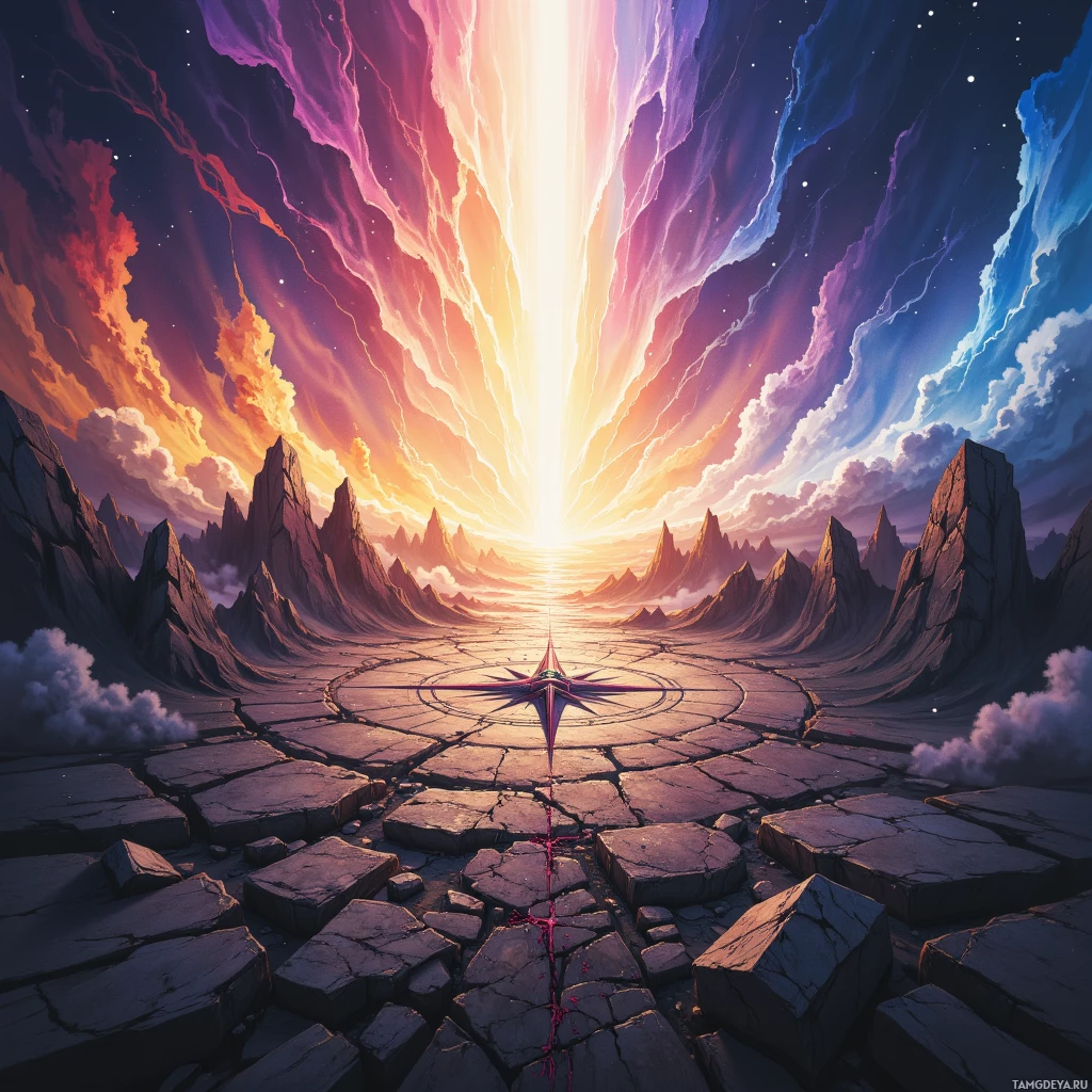 A vibrant, fantastical landscape featuring a radiant light source, jagged rock formations, and a cracked stone path leading towards the horizon.