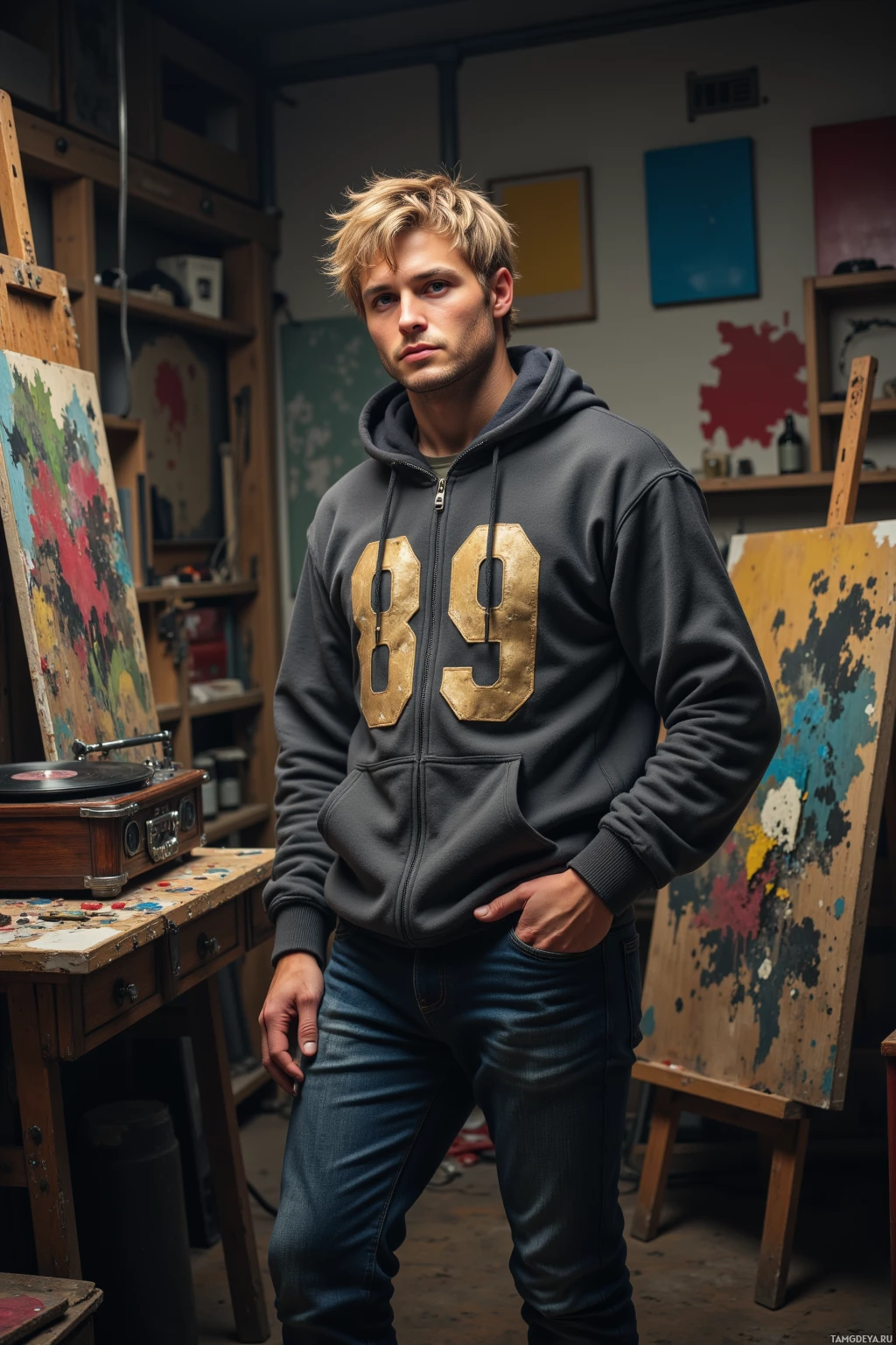 A person stands in a studio, wearing a hoodie with the number "89" on it, surrounded by art supplies and paintings.