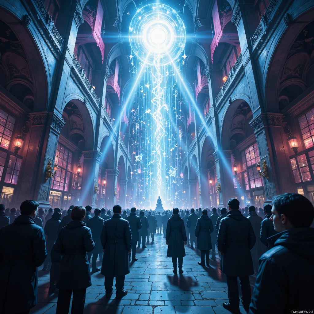 A large crowd of people stands in a grand hall under a glowing, radiant light.
