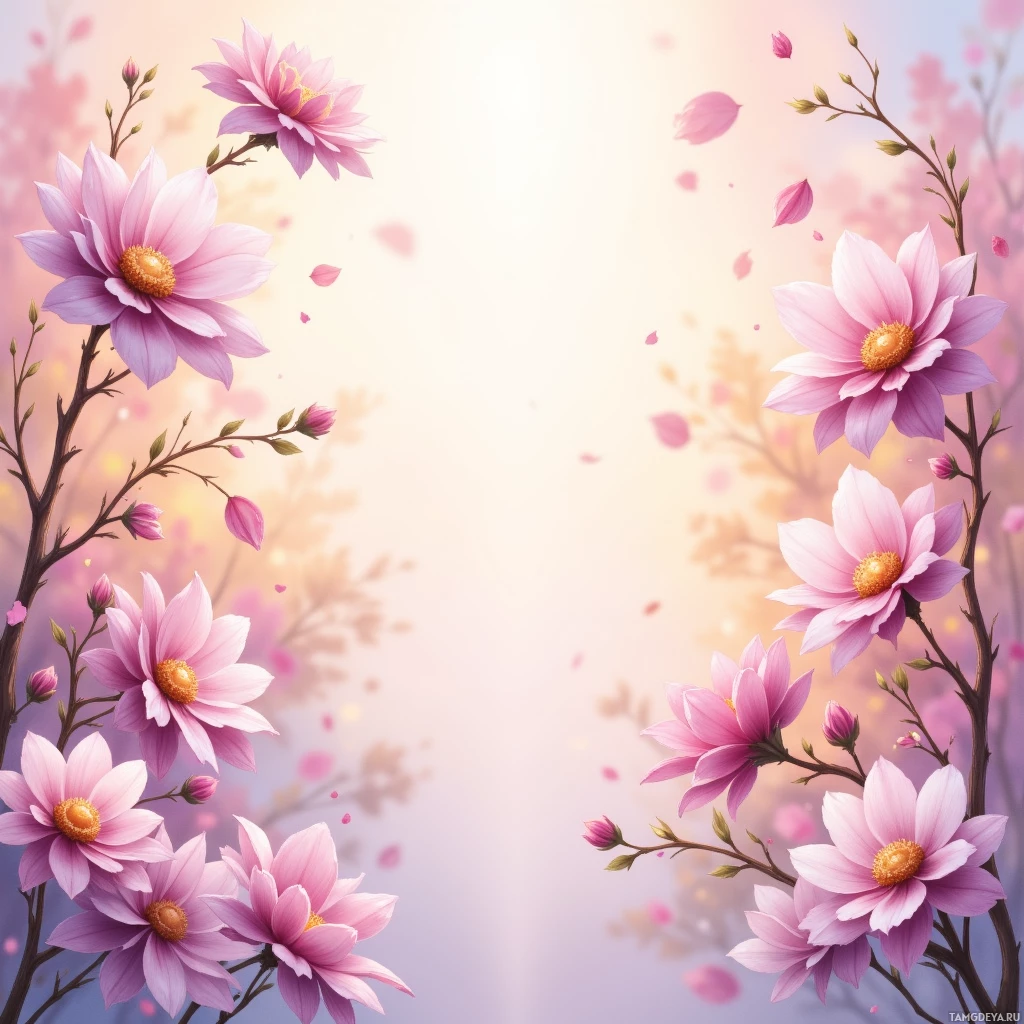 A vibrant floral arrangement featuring pink flowers with yellow centers, set against a soft, pastel background.