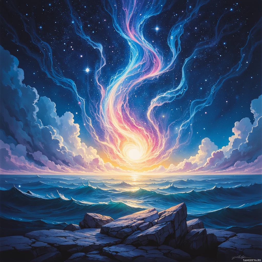 A vibrant night sky with swirling nebulae and a glowing horizon over the ocean.