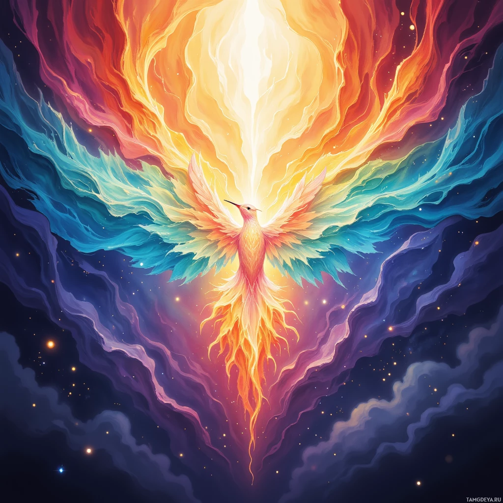 A vibrant, multicolored phoenix with outstretched wings and a radiant light emanating from its body, set against a cosmic background.