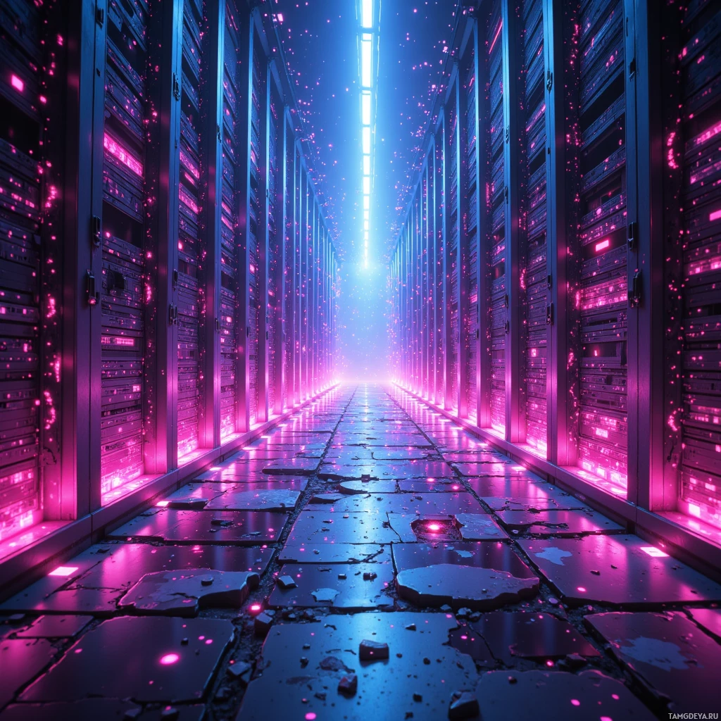 A futuristic corridor with glowing pink and blue lights and reflective surfaces.