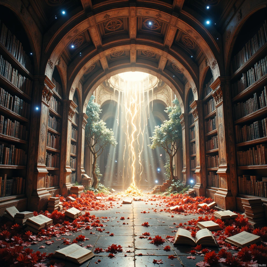 A grand library with sunlight streaming through an archway, illuminating books and fallen leaves on the floor.