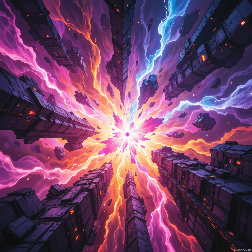 A vibrant, futuristic cityscape with towering structures and dynamic energy beams.