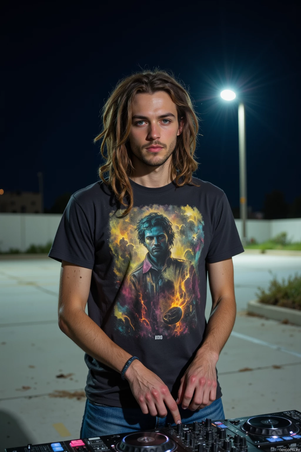 A person stands outdoors at night, wearing a graphic t-shirt and jeans, with a DJ mixer in front of them.