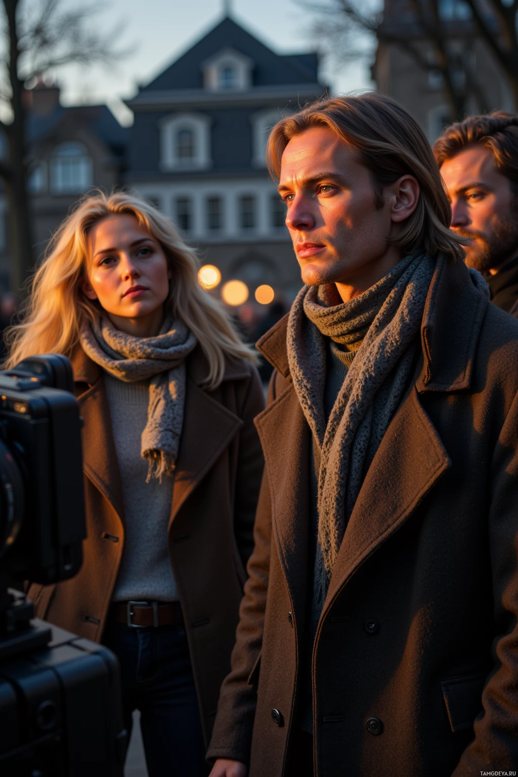 Three individuals wearing coats and scarves stand outdoors, with a building and trees in the background.