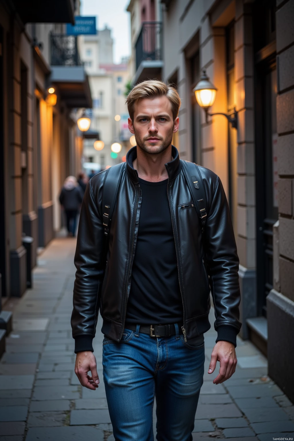 A man in a leather jacket and jeans walks down a city street at dusk.