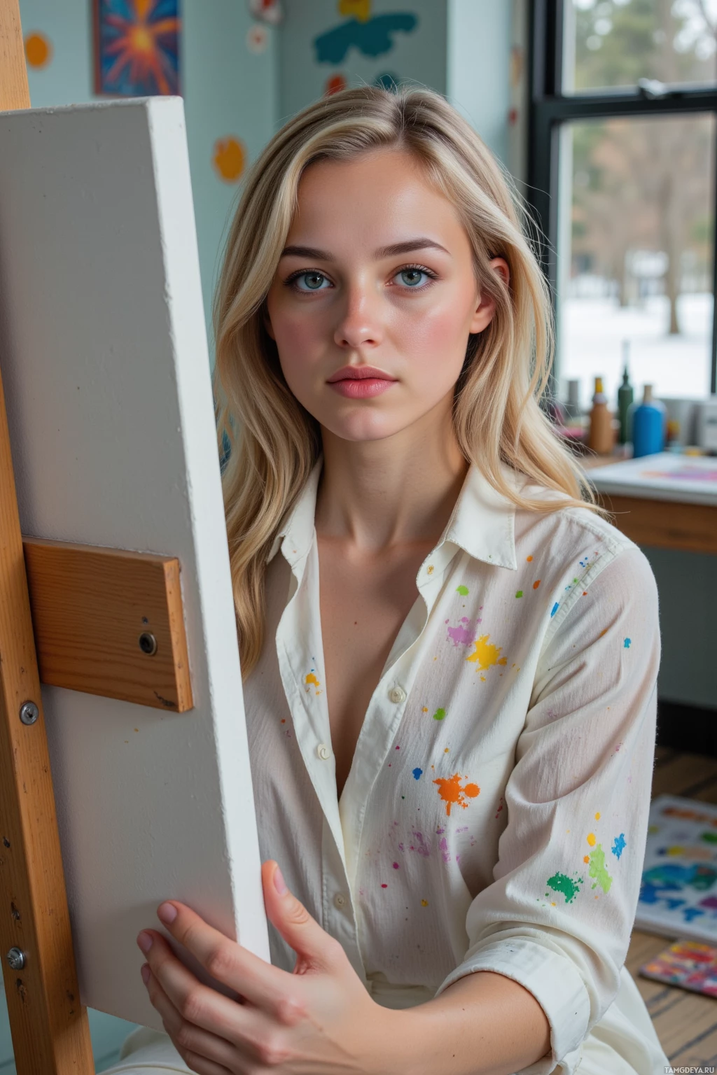A person with blonde hair wearing a white shirt with paint splatters, sitting in a studio with art supplies.