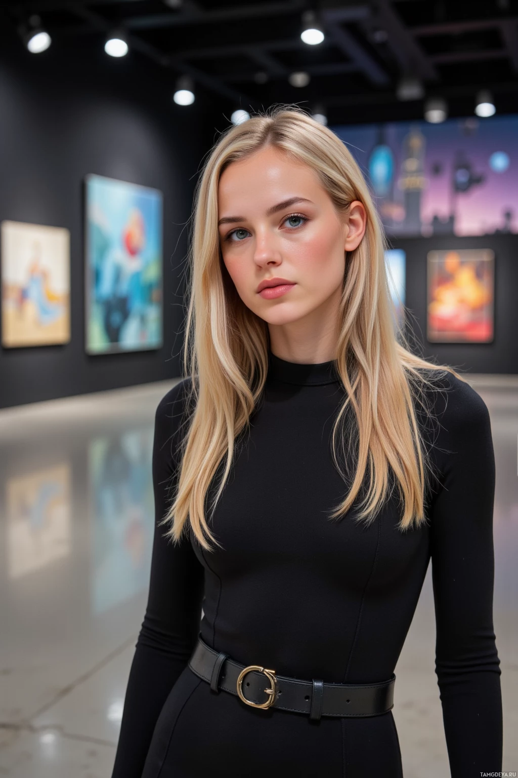 A woman with long blonde hair stands in an art gallery, wearing a black dress with a belt.