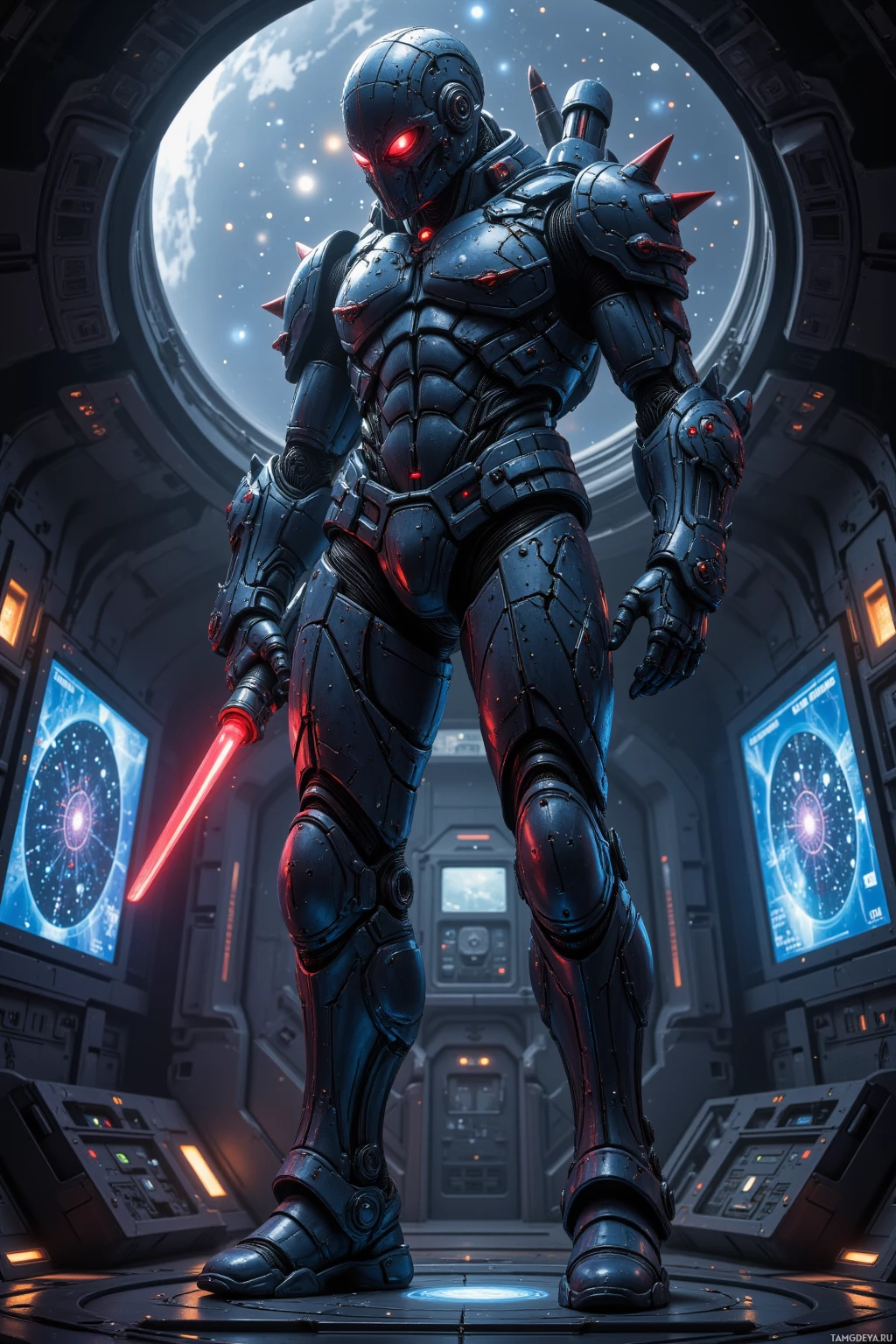 A futuristic armored figure stands in a high-tech environment, holding a glowing red weapon.