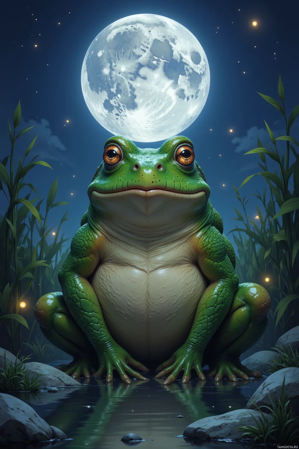 A frog sits on a rock in a pond under a full moon.