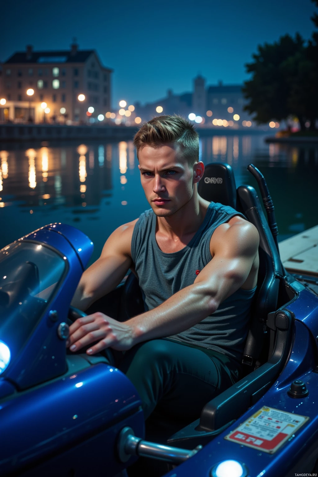 A man sits in a blue pedal boat on a calm waterway at dusk.