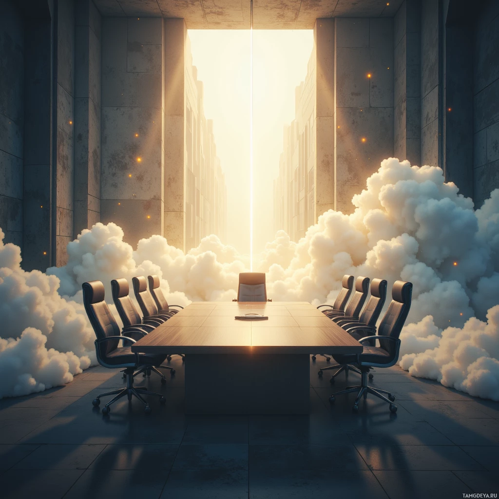 A modern conference room with a long table and chairs, surrounded by clouds and a bright light at the end of a tunnel.