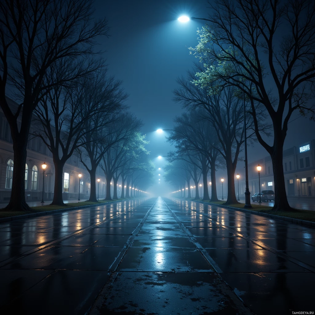 A serene, foggy street lined with bare trees and illuminated by streetlights at night.