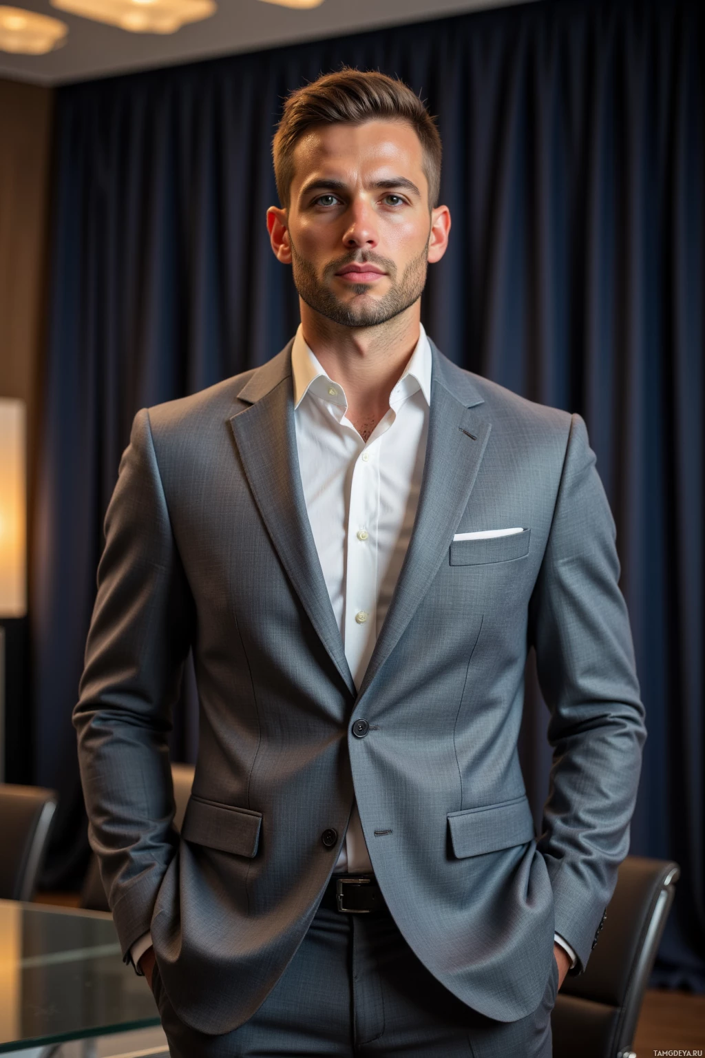 A man in a gray suit and white shirt stands with hands in pockets in a well-lit room.