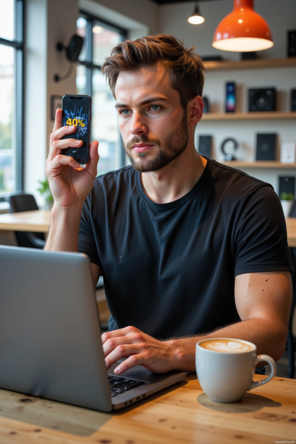 A man sits at a desk with a laptop and a coffee mug, holding a phone displaying a battery percentage.