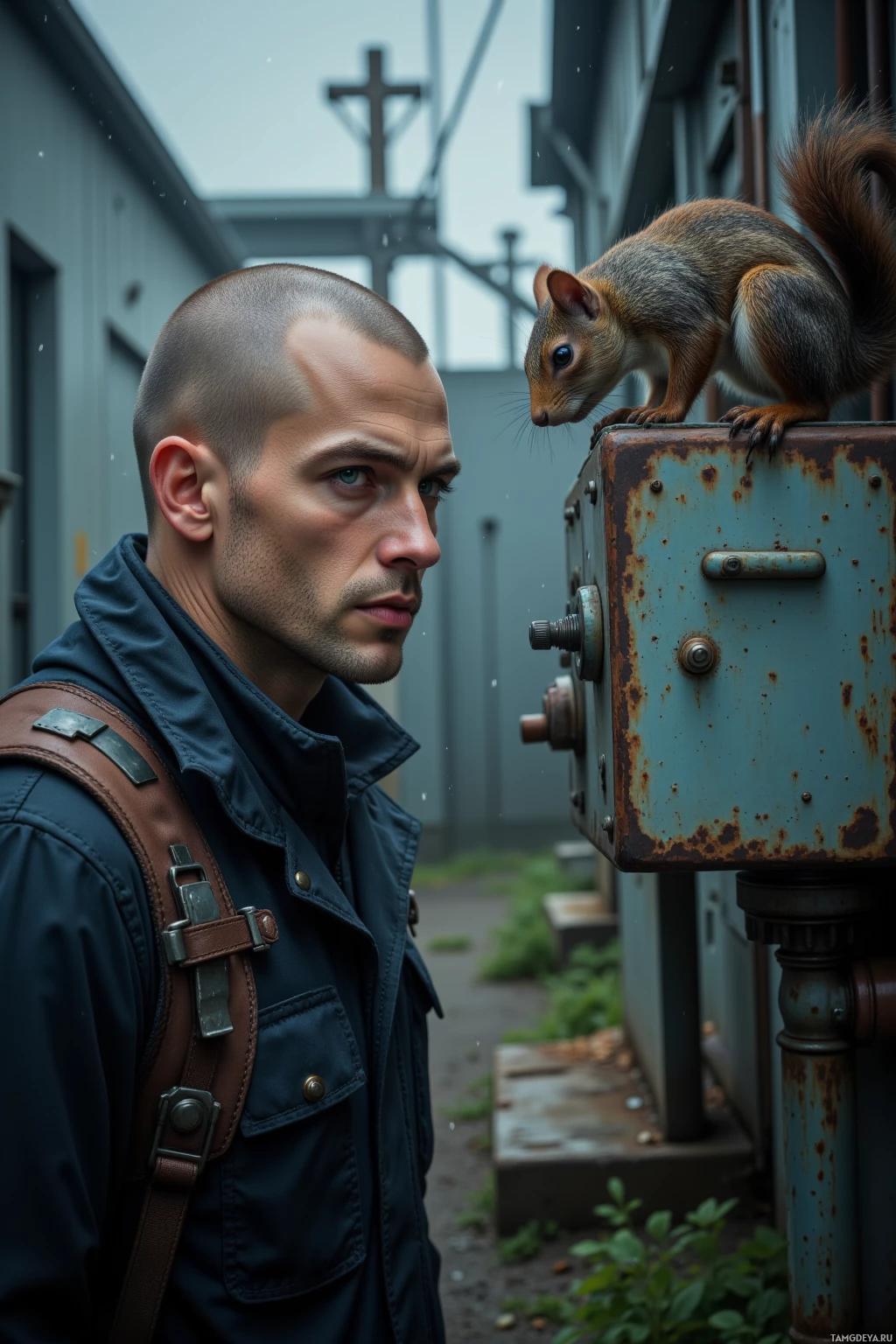 A man in a jacket stands near a rusty utility box with a squirrel perched on it.