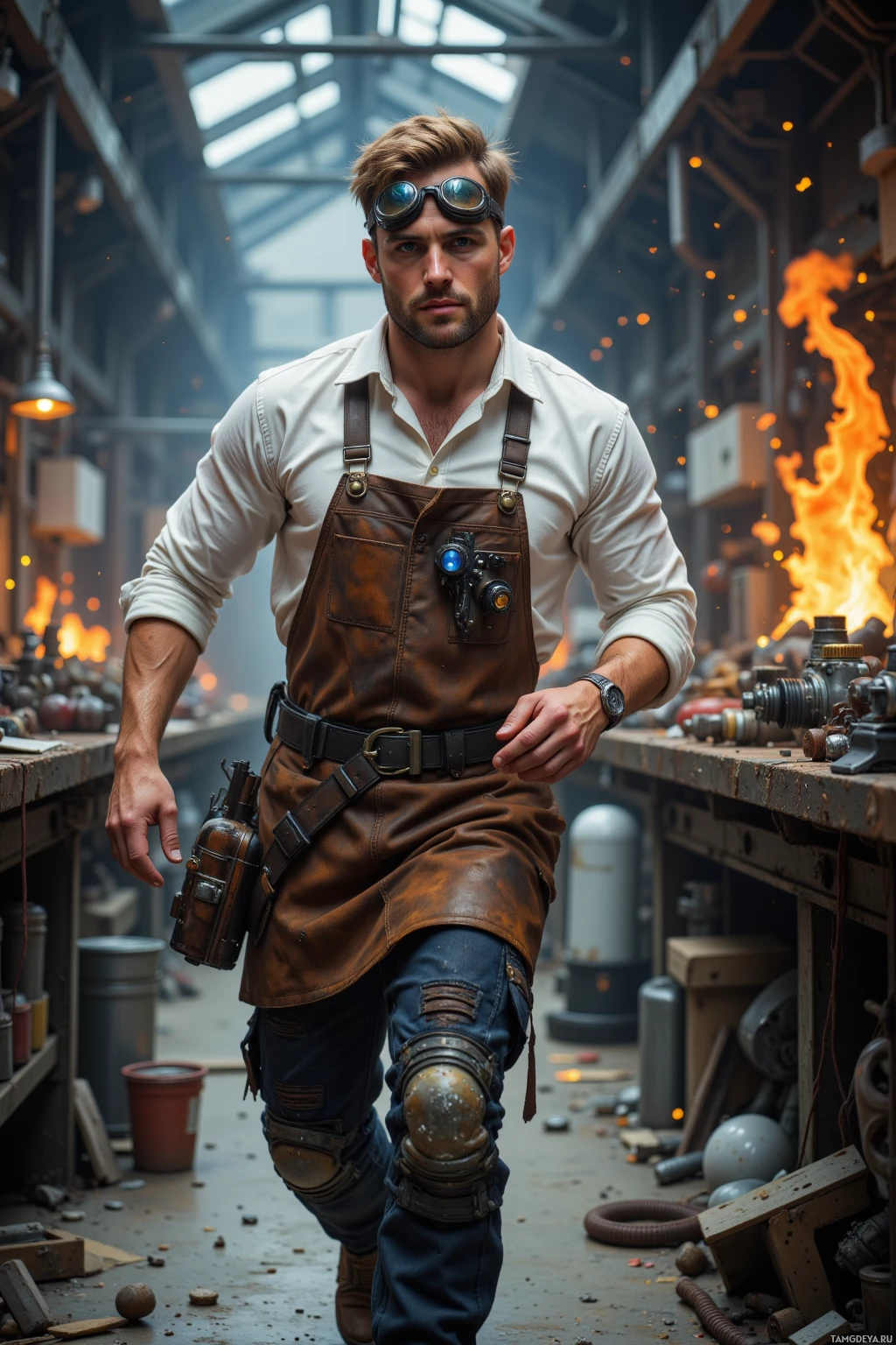 A man in a workshop wearing a white shirt, brown leather apron, and goggles, surrounded by tools and flames.